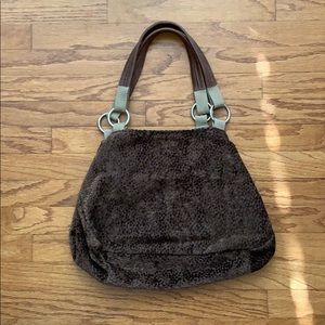 Leopard print handbag with leather handles